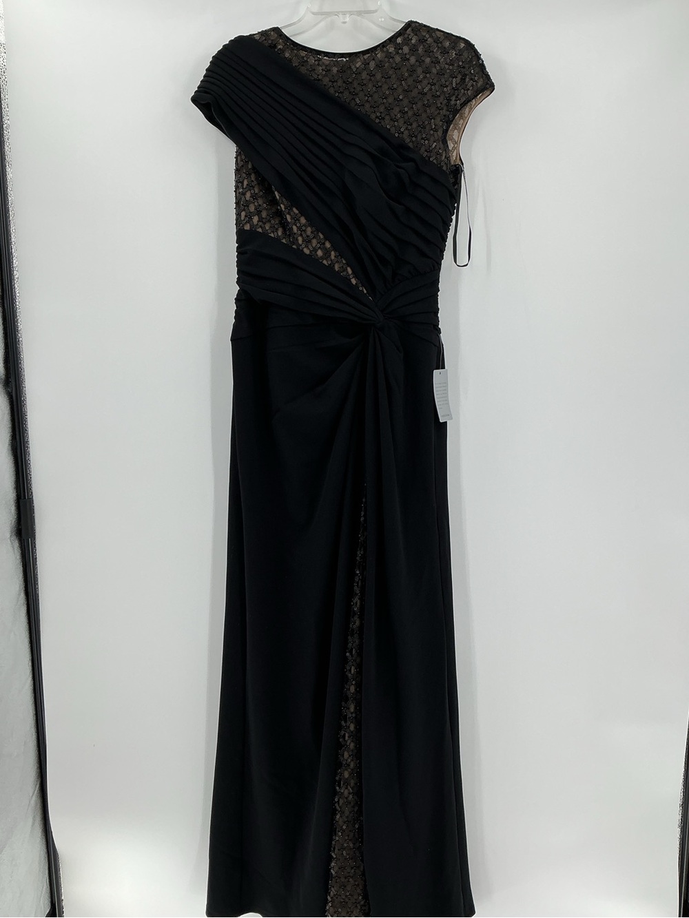 NWT Tadashi Shoji Black Beaded Mesh Draped Size S Jetta Peek-A-Boo Illusion Gown - Picture 3 of 16